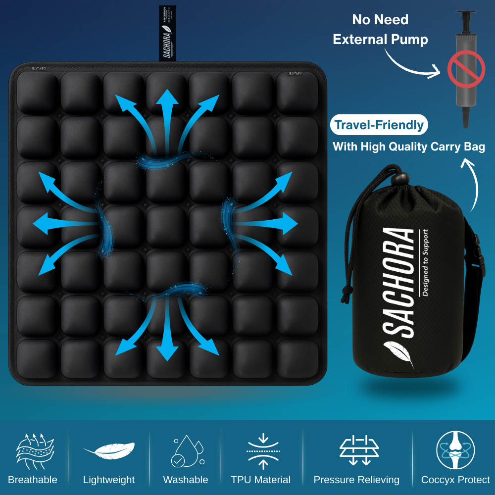 SACHORA - Inflatable Travel Seat Cushion for Airplane & Office – Airplane Seat Cushion for Long Flights, Portable Seat Pad for Plane Travel, Tailbone & Lower Back Pressure Relief